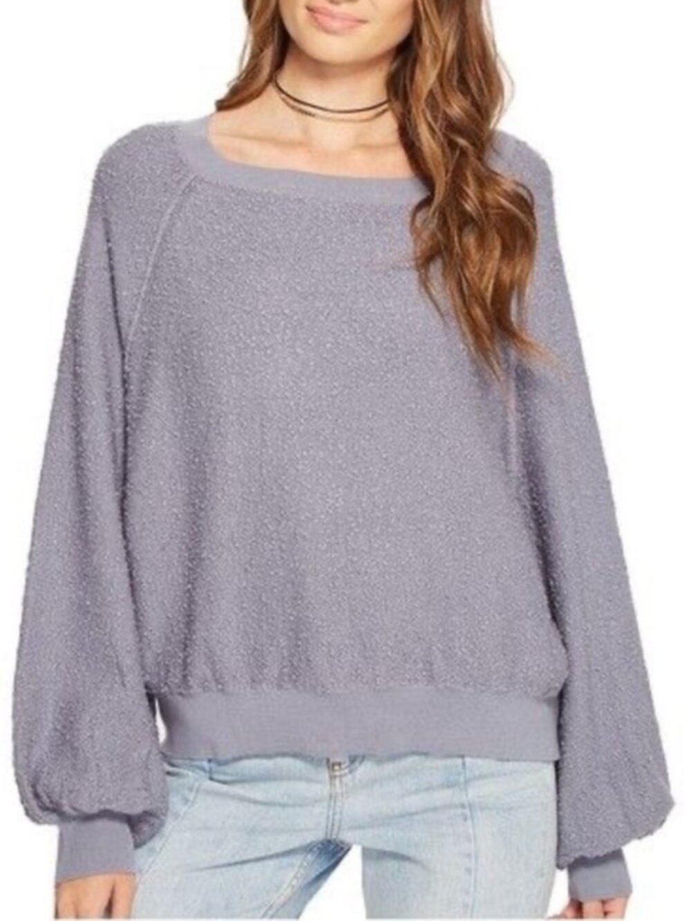 Free People Blue Gray Textured Oversized Sweatshirt Pullover L